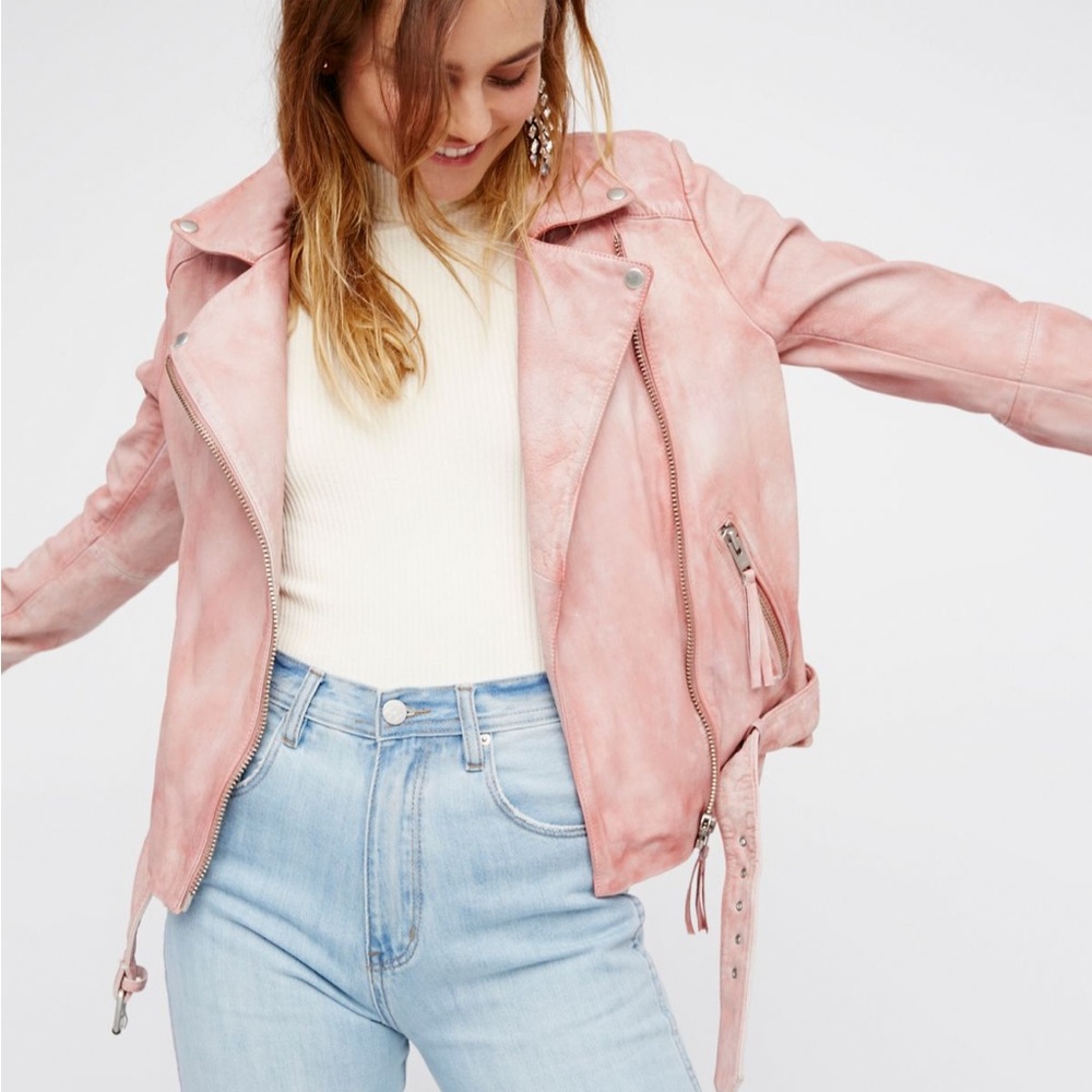 Free People Pink 100% Leather Moto Jacket XS